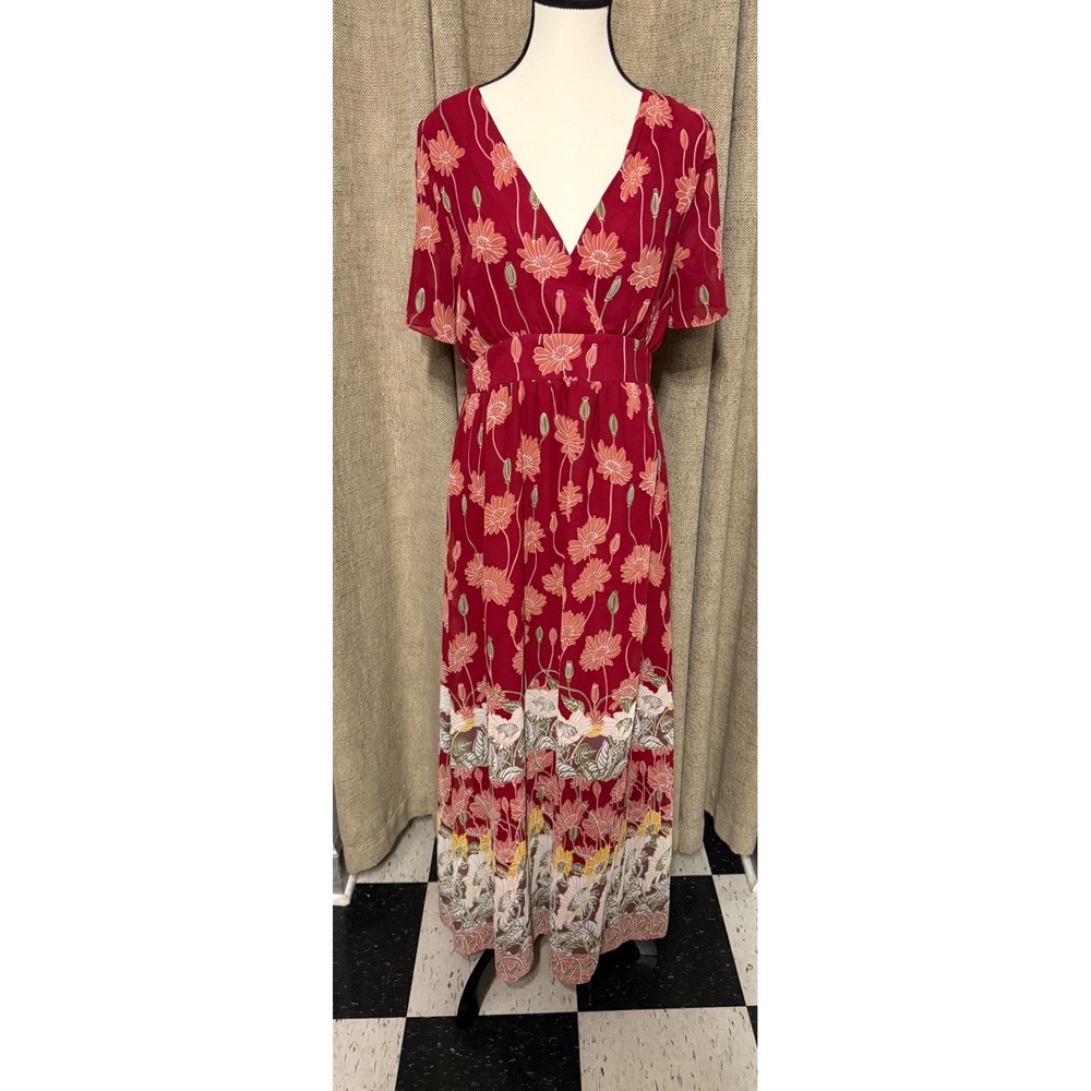 Madewell Red Tall Sunflowers Tulip Sleeve Maxi Dress Size 6 Floral V-Neck